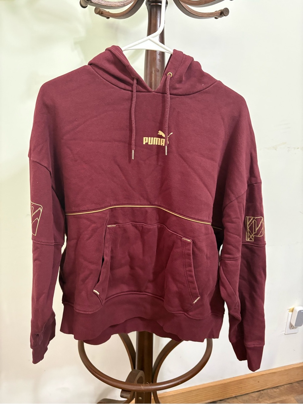 Puma Men's Burgundy Crewneck Hoodie with Gold Logo